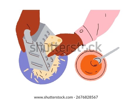 Hands grating cheese with box grater, top view. Black person preparing food, cooking with kitchen tools, utensils. Preparation, shredding process. Flat vector illustration isolated on white background