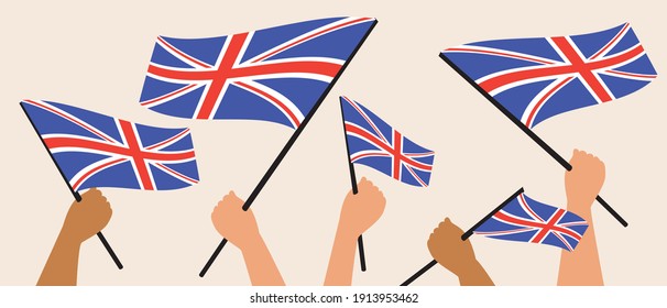 Hands with Great Britain flag isolated. Flat vector stock illustration. Great Britain flag as a symbol of the state. British people, flag in hands. Vector illustration, crowd of people
