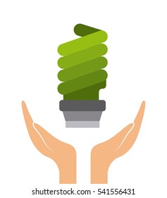 hands with green bulb light icon over white background. colorful design. vector illustration