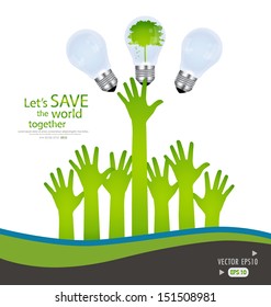 Lámpara de luz de manos y ecología verde. Ilustración vectorial.
