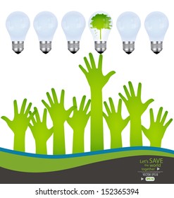 Hands and green ecology light bulb. Vector illustration.