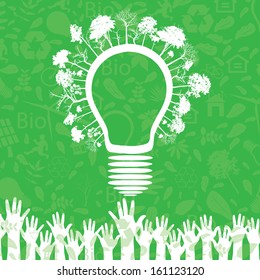 Hands and green ecology light bulb. Vector illustration.