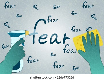 Hands in green gloves with sponge and spray erase the word fear. The concept is to purify the mind from fear. Flat vector illustration with noise and texture, marble textured background. Horizontal.