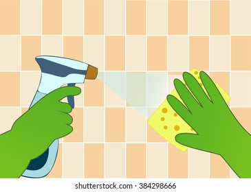 Hands in green gloves with spray and sponge wash the wall tiles. Vector illustration.
