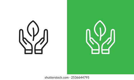 Hands and green leaf nature logo icon. Hands holding green leaf symbol. Hands giving green nature earth. Green leaf nature earth care logo icon design template