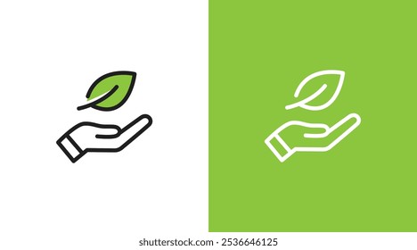 Hands and green leaf nature logo icon. Hands holding green leaf symbol. Hands giving green nature earth. Green leaf nature earth care logo icon design template