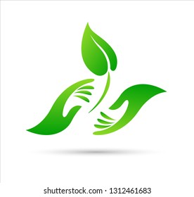 Hands with green leaf vector logo