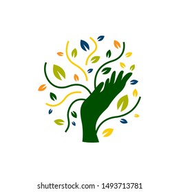 hands and green leaves eco friendly logo design vector icon illustrations
