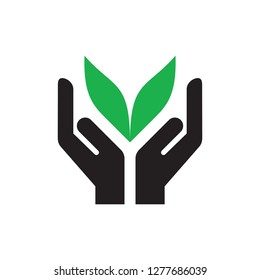 Hands with green leaves - icon on white background vector illustration for website, mobile application, presentation, infographic. Nature care concept sign. Health holding. Global ecology.