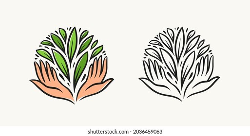 Hands and green leaves logo. Organic, natural product symbol. Environment, nature concept vector illustration