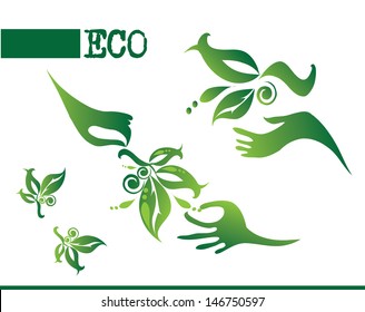 hands and green plants vector collection of ecological symbols and signs