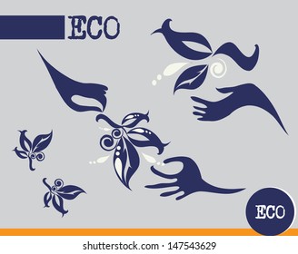 hands and green plants vector collection of ecological symbols and signs