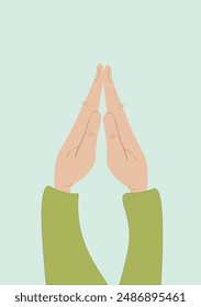 Hands with green sleeves on a light green background