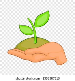 Hands with green sprout icon in cartoon style isolated on background for any web design 