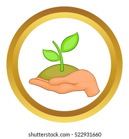 Hands with green sprout vector icon in golden circle, cartoon style isolated on white background