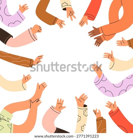Hands greeting hi, square background in frame. Diverse people arms raised up, stretching for welcoming, waving gesture, card design for team, community, union togetherness. Flat vector illustration