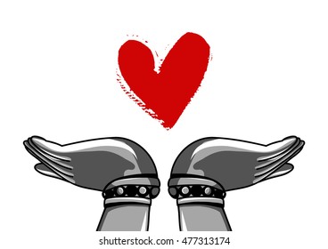 Hands grey with red heart on a background. Vector