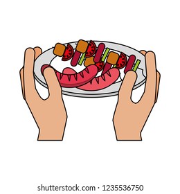 hands with grilled sausage