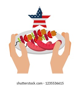 hands with grilled sausage and american flag