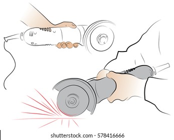 In the hands of the grinder, construction tools. Color vector illustration 