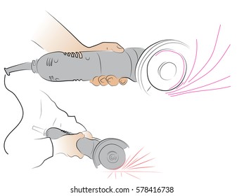 In the hands of the grinder, construction tools. Color vector illustration 
