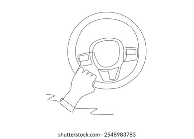 Las manos agarran el volante mientras se conduce. Dibujo de una línea del concepto de conducción