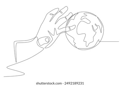 Hands gripping the earth. World map concept one-line drawing