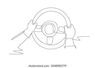 Manos agarrando el volante. Dibujo de una línea del concepto de conducción