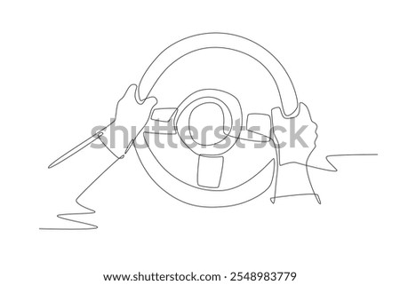 Hands gripping the steering wheel. Driving concept one-line drawing
