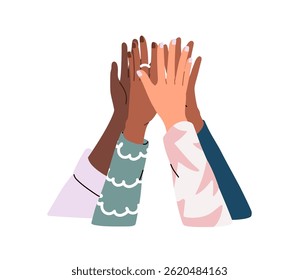 Hands group, female team giving high five together. Women arms greeting, hi gesture, sign. Diverse girls friends celebrating solidarity, support. Flat vector illustration isolated on white background