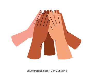 Hands Gruppe geben High Five, feiern, grüßen mit seiner Geste zusammen. Team, Freunde, die Arme hoch, Gemeindefeier. Konzept flache grafische Vektor-Illustration isoliert auf weißem Hintergrund