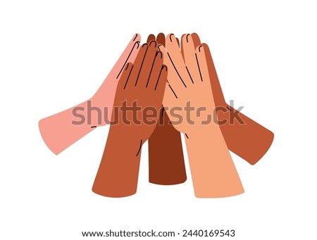 Hands group giving high five, celebrating, greeting with hi gesture together. Team, friends arms up, community celebration. Concept flat graphic vector illustration isolated on white background