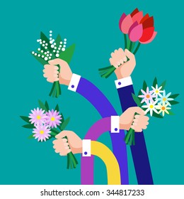 Hands Group Hold Bouquet Flowers Business Flat Vector Illustration