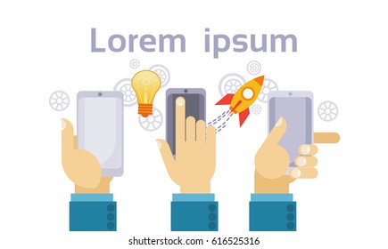 Hands Group Hold Cell Smart Phone Modern Gadget Flat Vector Illustration