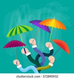 Hands Group Holding Colorful Umbrellas, Support Concept Flat Vector Illustration