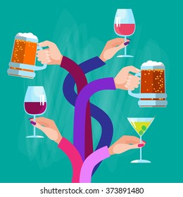 Hands Group Holding Glasses Drinks Cocktail Beer Wine Celebration Vector Illustration