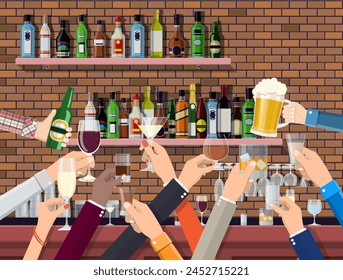 Hands group holding glasses with various drinks. Drinking establishment. Interior of pub cafe or bar. Bar counter, shelves with alcohol bottles. Celebration ceremony. Vector Illustration in flat style