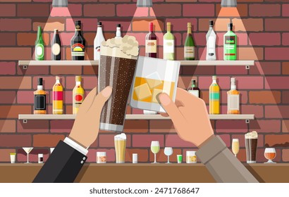 Hands group holding glasses with various drinks. Drinking establishment. Interior of pub cafe or bar. Bar counter, shelves with alcohol bottles. Celebration ceremony. Vector Illustration in flat style