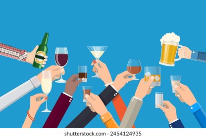 Grupo de manos sosteniendo vasos con vino, vodka, tequila, licor, champán, whisky, cerveza y bebidas de coñac. Ceremonia de celebración, días festivos. Ilustración vectorial en estilo plano