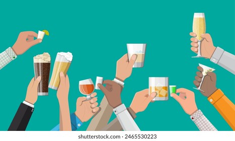 Hands group holding glasses with wine, vodka, tequila, liquor, champagne, whiskey, beer and cognac drinks. Celebration ceremony, holydays. Vector Illustration in flat style