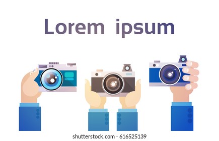 Hands Group Holding Photo Camera Photography Flat Vector Illustration