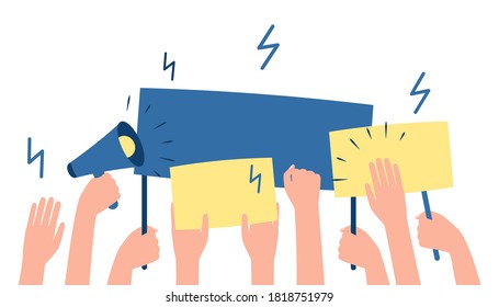 Hands group people with banner and signs. Meeting crowd of people protesters, demand, rights. Vector illustration