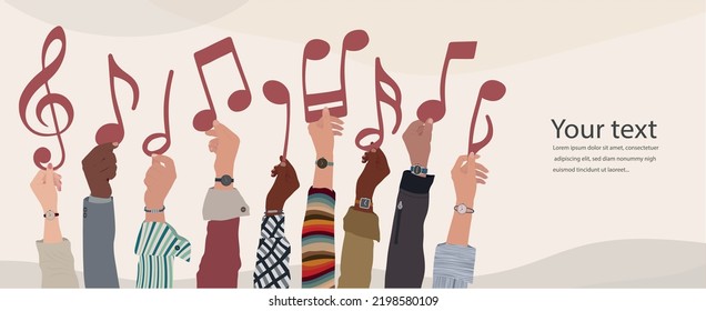 Hands up group of people of diverse culture or friends holding musical notes. Community of fans musicians collaborators who share or exchange music on social media. Music forum. Banner