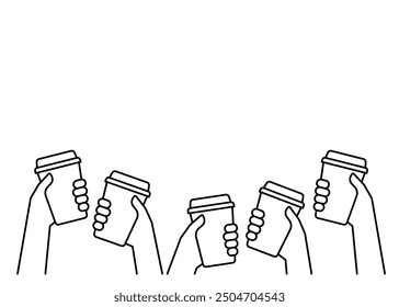 Hands of group people holding coffee in reusable cup, simple line. Together energy on break time. Fast take away drink. Takeaway drink in paper mug, coffee to go. Coffee lover. Vector illustration