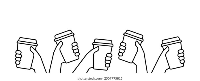 Hands of group people holding coffee in reusable cup, simple line. Together clink on break time. Fast take away drink. Takeaway drink in paper mug, coffee to go. Coffee lover. Vector illustration