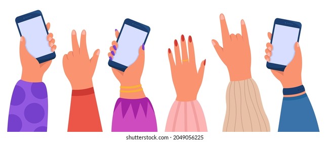 Hands of group of people holding phones at concert or party. Audience with smartphones flat vector illustration. Technology, entertainment concept for banner, website design or landing web page