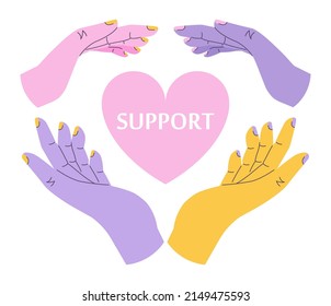 Hands of group of people putting together. Characters supporting each other. Cooperation, unity, partnership and teamwork. Social community or movement activity. Flat vector illustration.