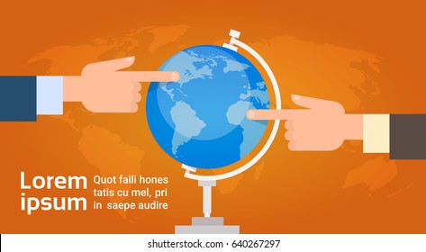 Hands Group Point Finger On Globe Travel Destination Concept Tourism Flat Vector Illustration