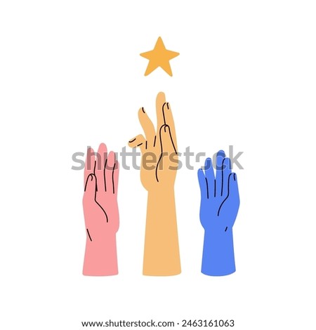 Hands group reaching for common goal. Aspiration to star symbol. Ambitious people striving for success, dream. Achieveing aim, target concept. Flat vector illustration isolated on white background