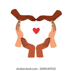 Las manos agrupan formando juntos el corazón. Amor, caridad, apoyo social, concepto de ayuda. Comunidad sin fines de lucro, unidad, sociedad solidaria. Ilustración vectorial gráfica plana aislada sobre fondo blanco